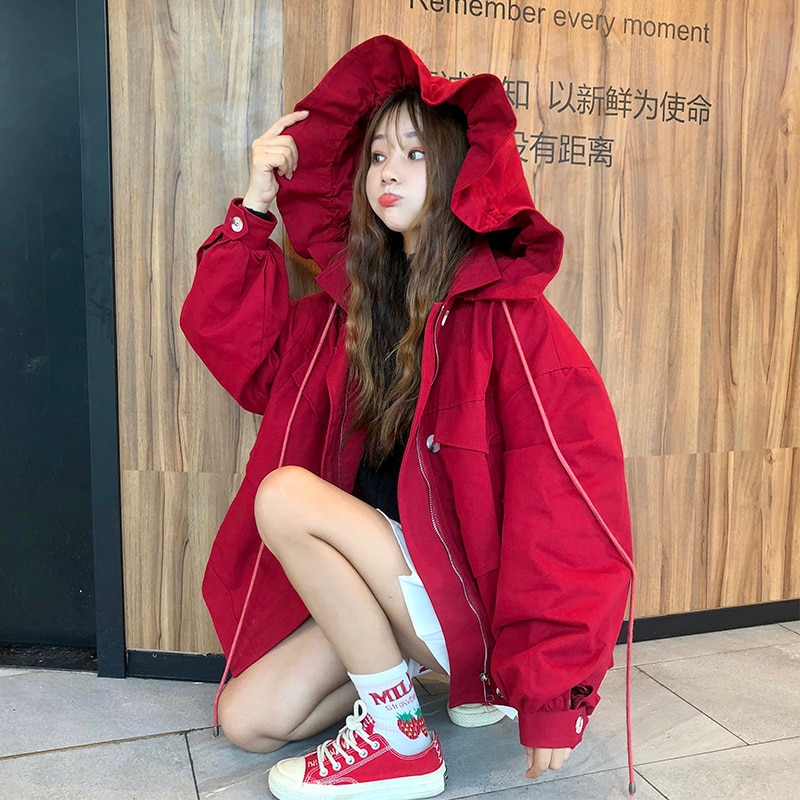 야구 유니폼 레드 자켓 여성 2020 새로운 봄 가을 하라주쿠 학생의 한국어 버전, 느슨한 로터스 리프 후드 툴린